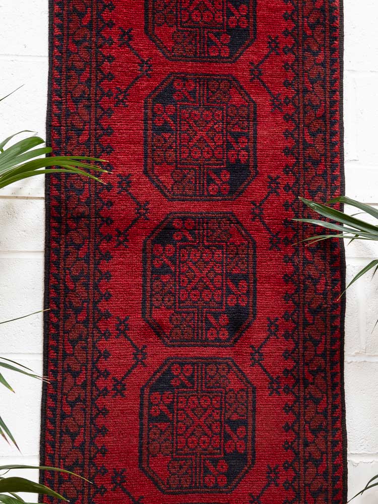 12170 Afghan Red Aq Chah Runner Rug 70x238cm (2.3 x 7.9ft)