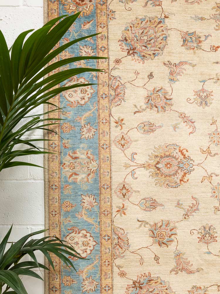 12221 Large Fine Blue Cream Afghan Ziegler Carpet 209x300cm (6.10 x 9.10ft)