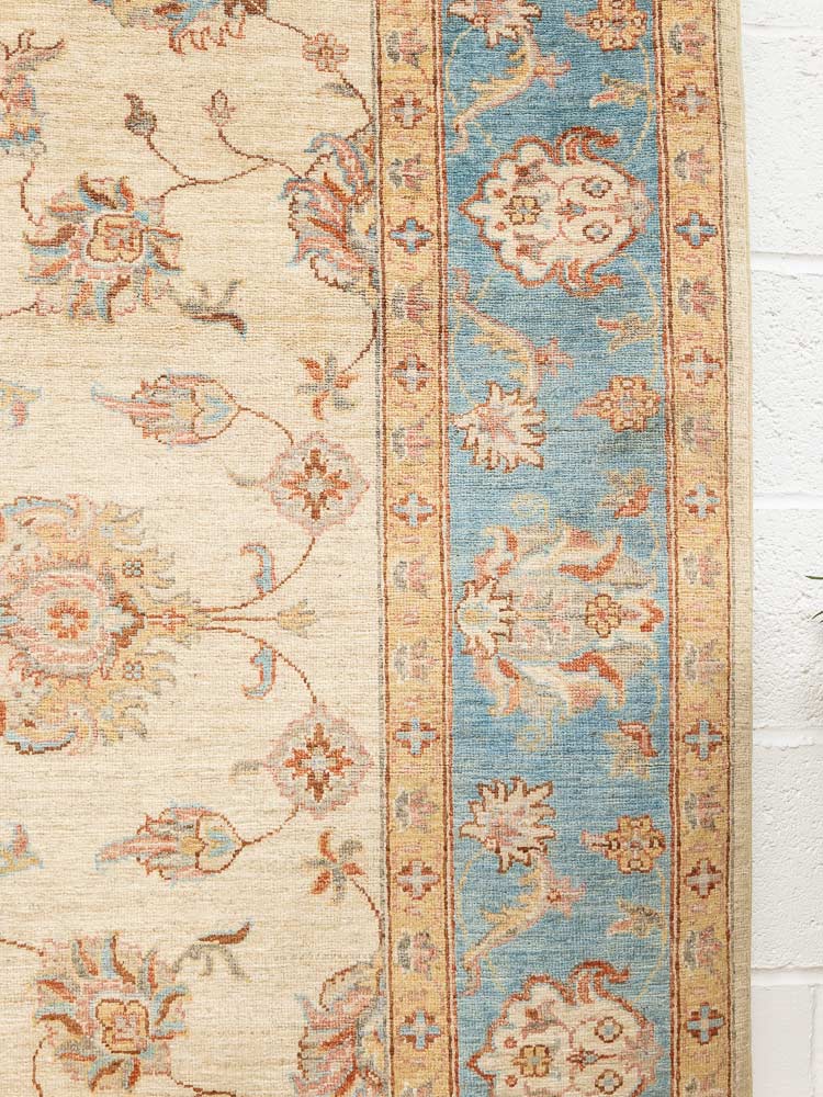 12221 Large Fine Blue Cream Afghan Ziegler Carpet 209x300cm (6.10 x 9.10ft)