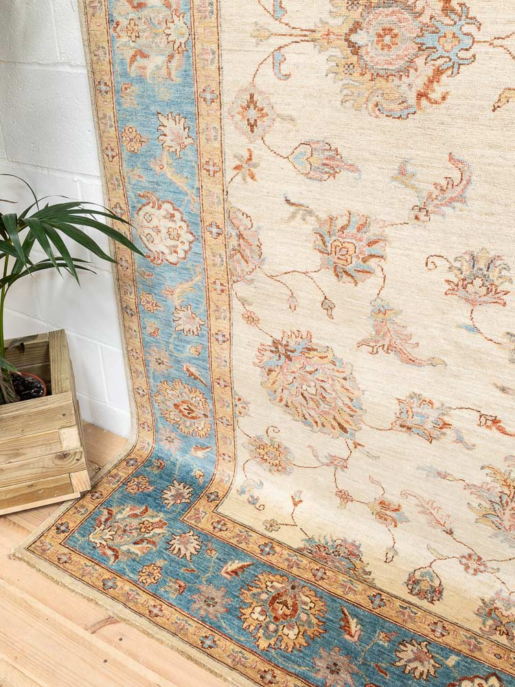 12221 Large Fine Blue Cream Afghan Ziegler Carpet 209x300cm (6.10 x 9.10ft)