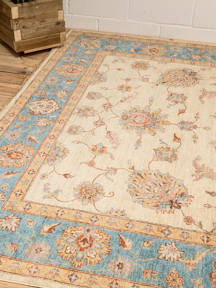 12221 Large Fine Blue Cream Afghan Ziegler Carpet 209x300cm (6.10 x 9.10ft)