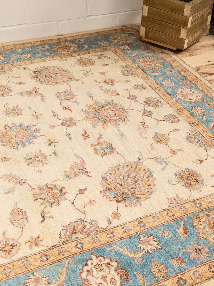 12221 Large Fine Blue Cream Afghan Ziegler Carpet 209x300cm (6.10 x 9.10ft)