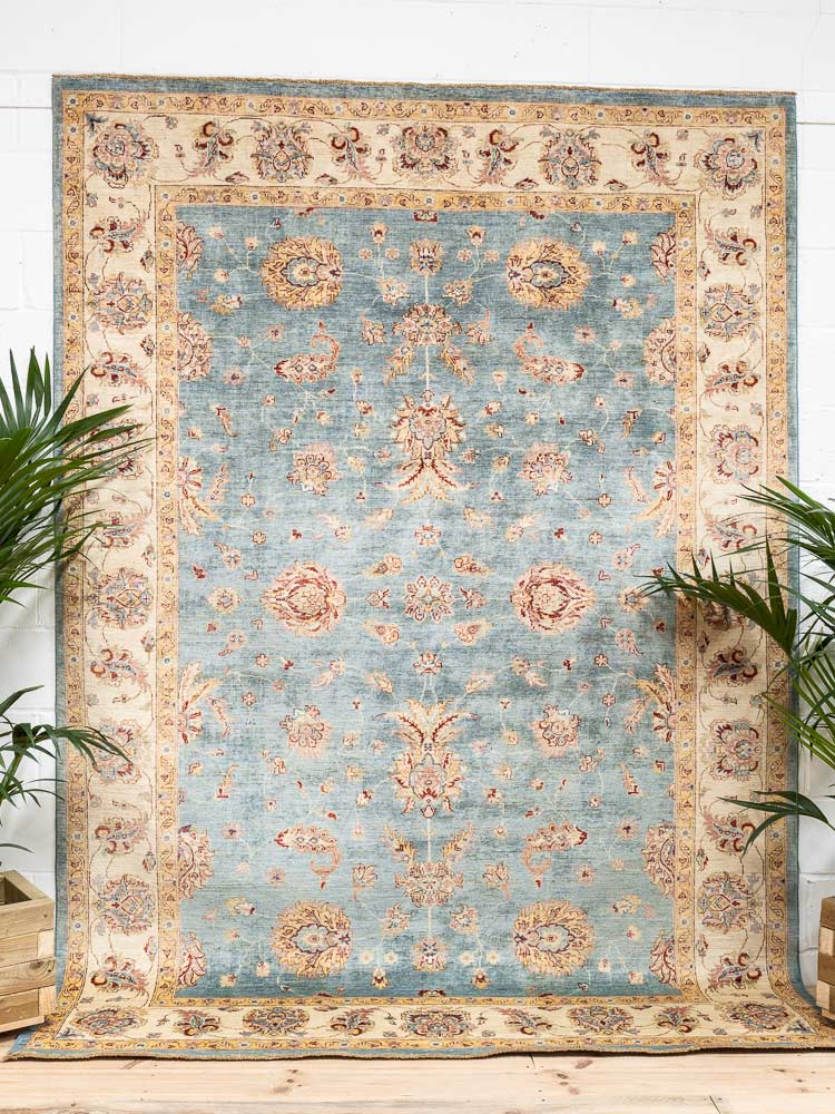 12222 Large Fine Blue Cream Afghan Ziegler Carpet 214x300cm (7 x 9.10ft)