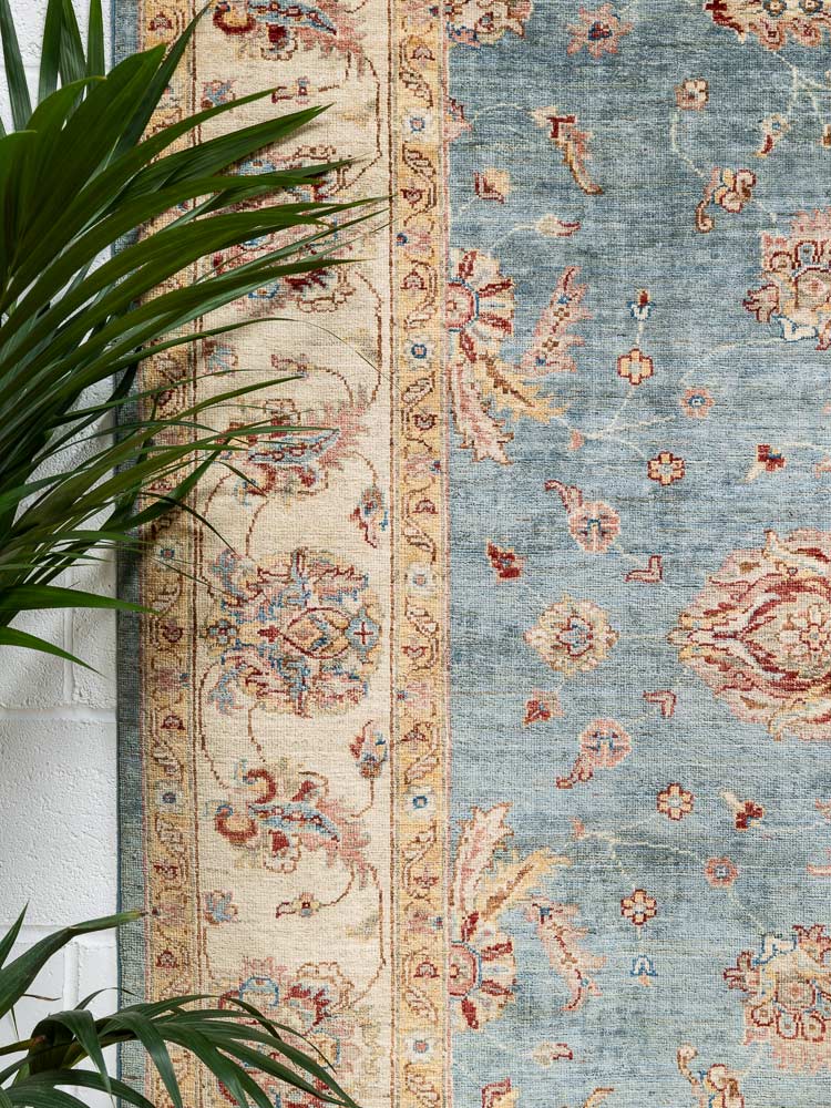 12222 Large Fine Blue Cream Afghan Ziegler Carpet 214x300cm (7 x 9.10ft)