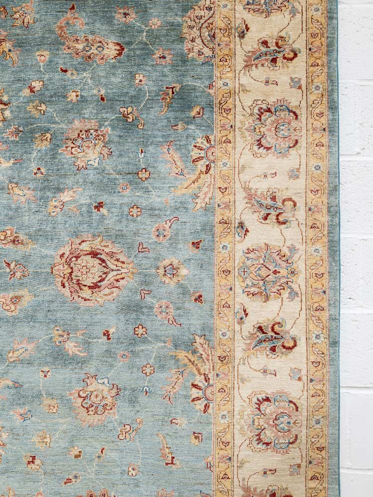 12222 Large Fine Blue Cream Afghan Ziegler Carpet 214x300cm (7 x 9.10ft)