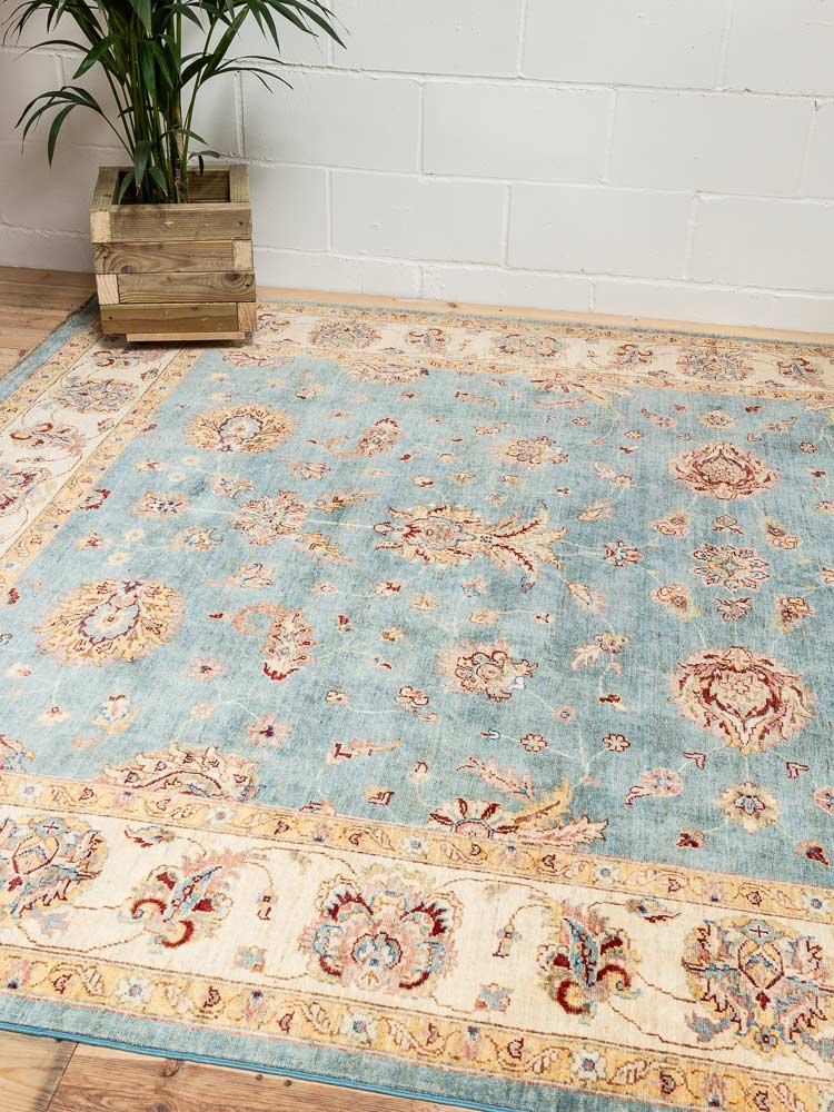 12222 Large Fine Blue Cream Afghan Ziegler Carpet 214x300cm (7 x 9.10ft)