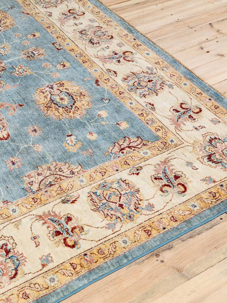 12222 Large Fine Blue Cream Afghan Ziegler Carpet 214x300cm (7 x 9.10ft)