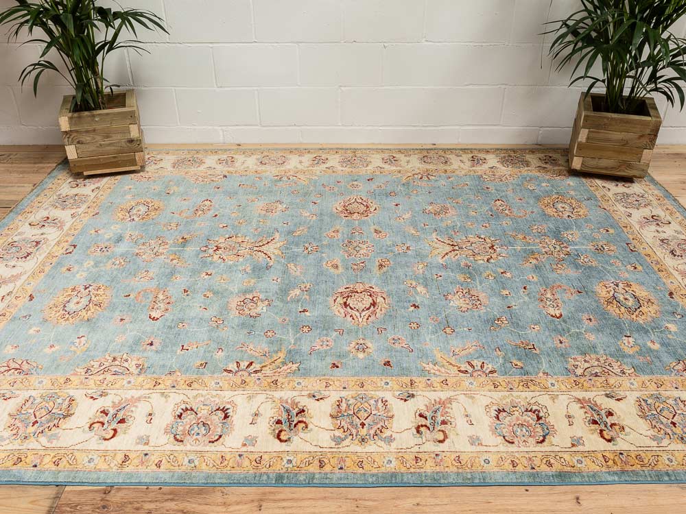 12222 Large Fine Blue Cream Afghan Ziegler Carpet 214x300cm (7 x 9.10ft)