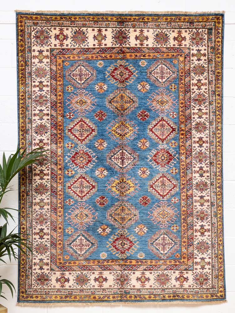 12224 Fine Afghan Blue Super Kazak Rug 164x233cm (5.4 x 7.7ft)