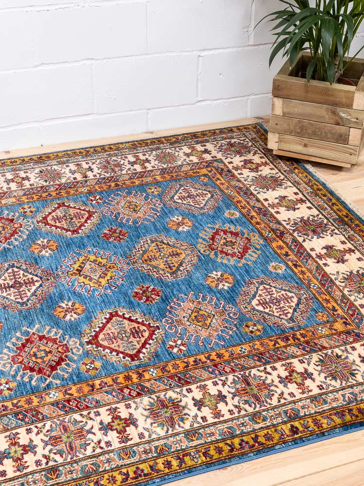 12224 Fine Afghan Blue Super Kazak Rug 164x233cm (5.4 x 7.7ft)