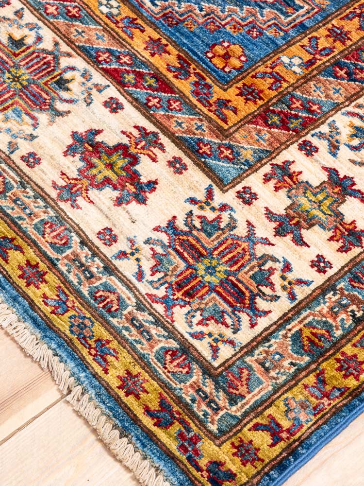 12224 Fine Afghan Blue Super Kazak Rug 164x233cm (5.4 x 7.7ft)