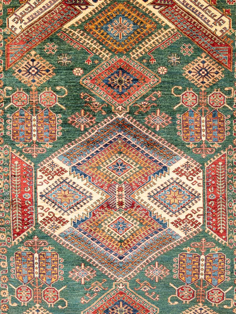 12527 Large Fine Green Afghan Super Kazak Pile Carpet 207x297cm (6.9 x 9.9ft)