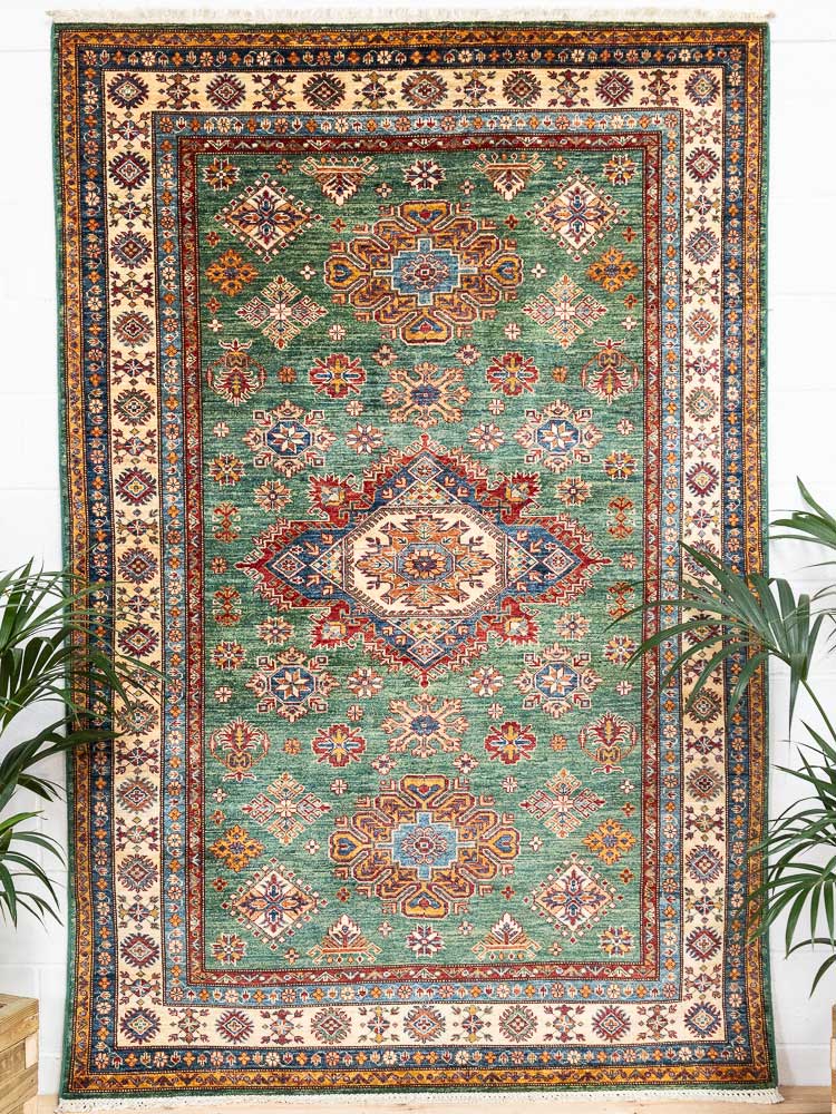 Handknotted Unique Fine Green Afghan Super Kazak Pile Rug 172x255cm