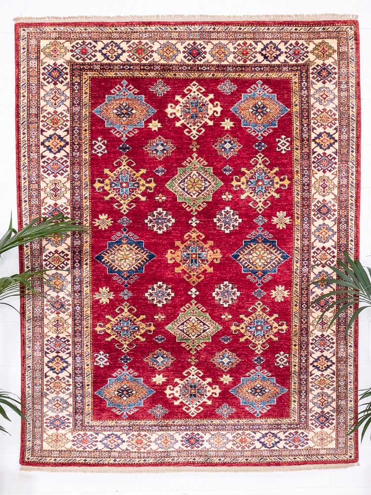12541 Fine Red Afghan Super Kazak Pile Rug 178x229cm (5.10 x 7.6ft)