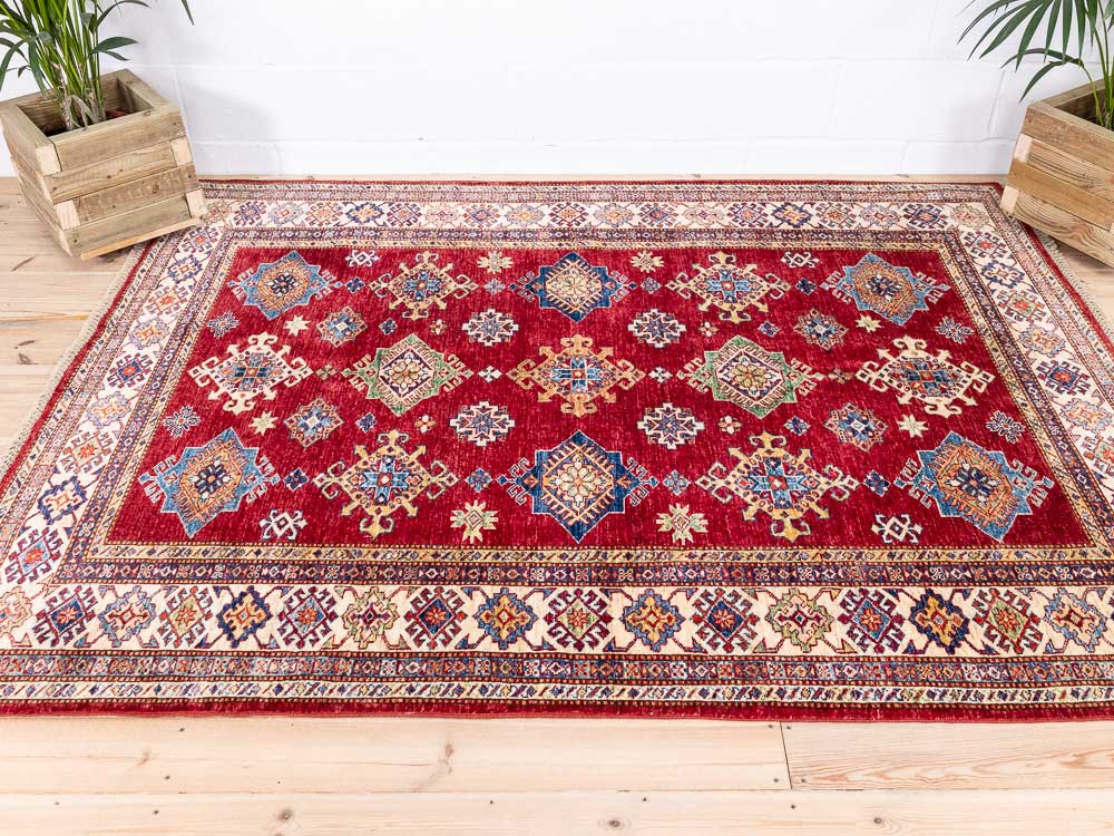 12541 Fine Red Afghan Super Kazak Pile Rug 178x229cm (5.10 x 7.6ft)