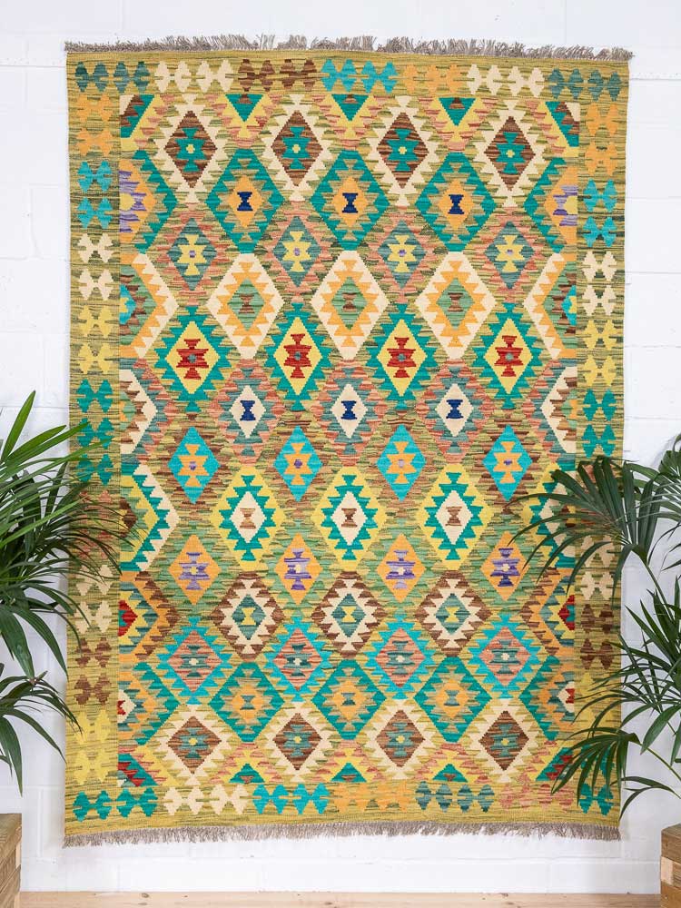Large Afghan Vegetable Dyed Kilim Rug 169x234cm With Green & Turquoise