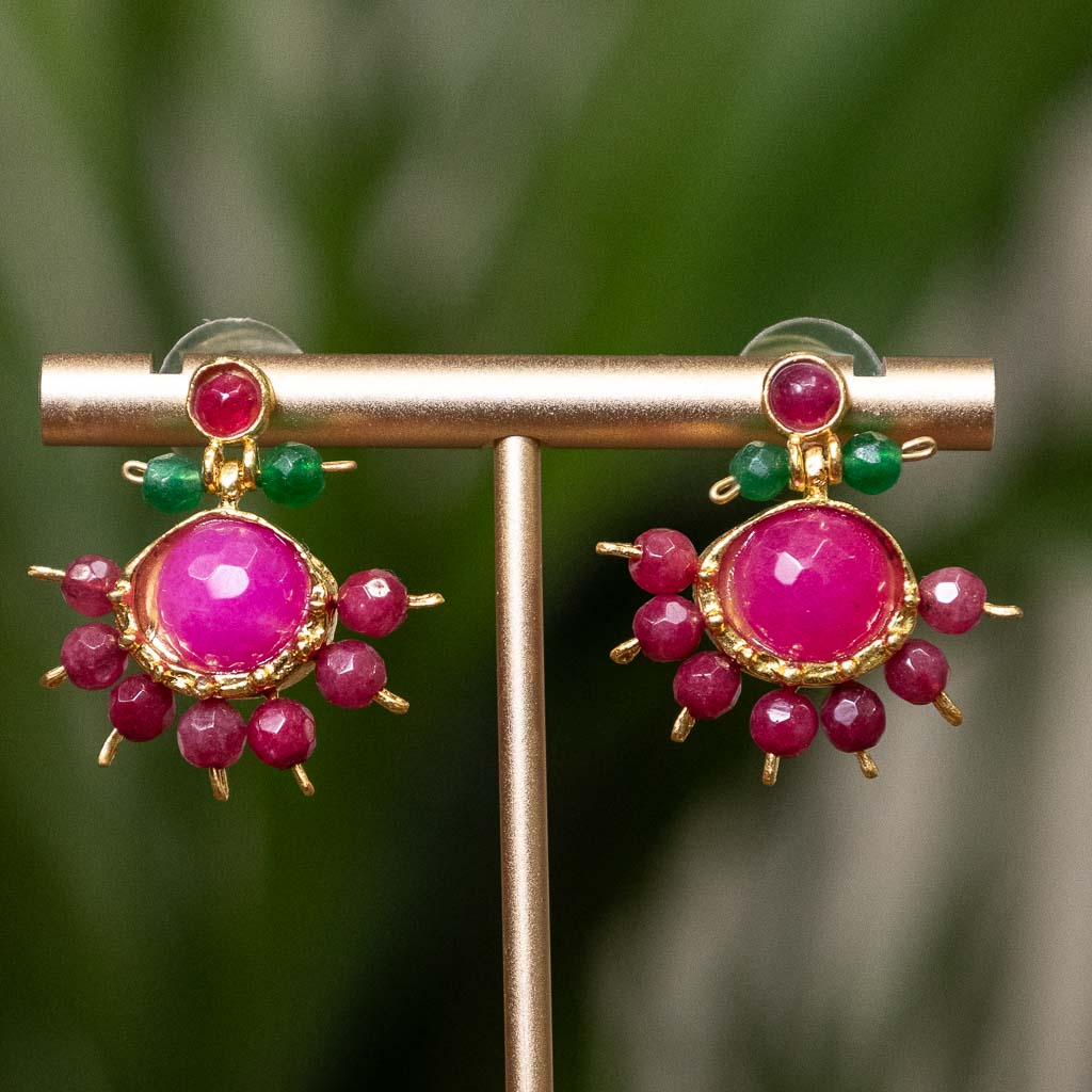 Ottoman Gold Design Afghan Stud Earrings With Pink Stones Yashar