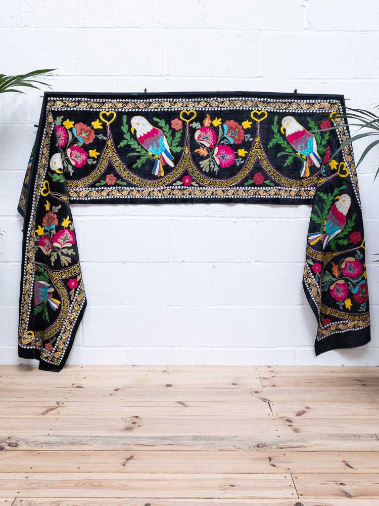SUZ902 Long Black Velvet Vintage Uzbek Bird Suzani Pelmet Textile 55x390cm (1.9 x 12.9ft)