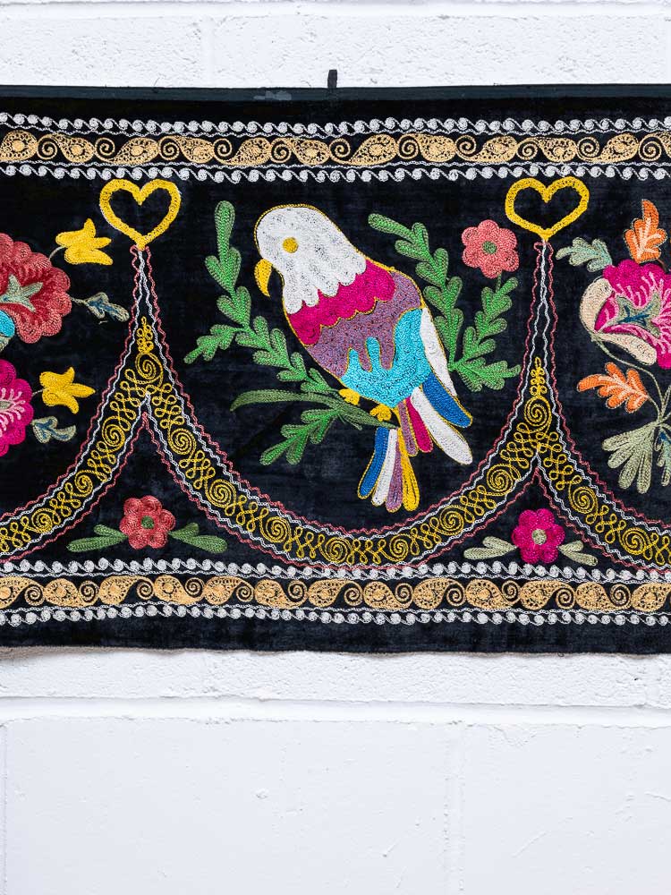 SUZ902 Long Black Velvet Vintage Uzbek Bird Suzani Pelmet Textile 55x390cm (1.9 x 12.9ft)