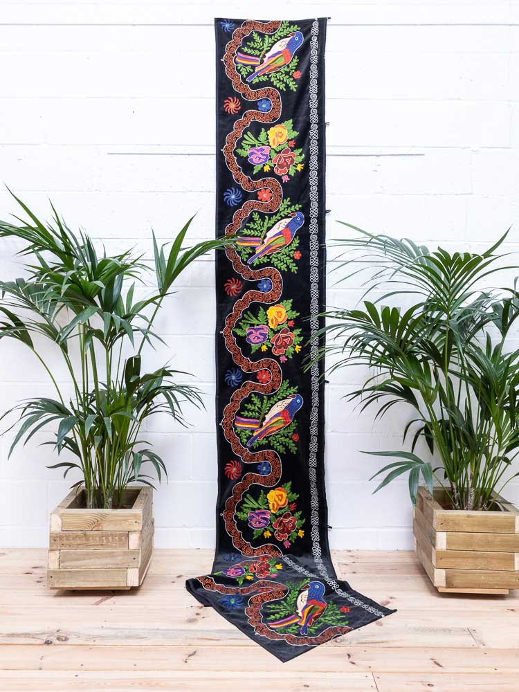 SUZ903 Long Black Velvet Vintage Uzbek Bird Suzani Pelmet Textile 53x378cm (1.9 x 12.5ft)