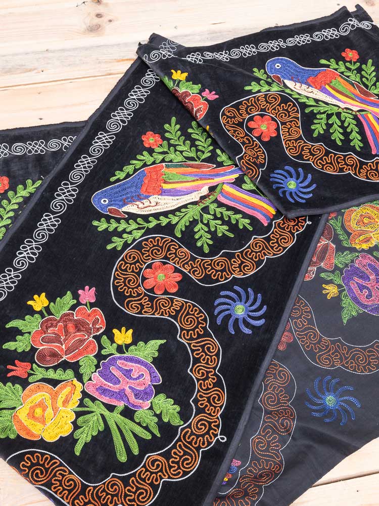 SUZ903 Long Black Velvet Vintage Uzbek Bird Suzani Pelmet Textile 53x378cm (1.9 x 12.5ft)