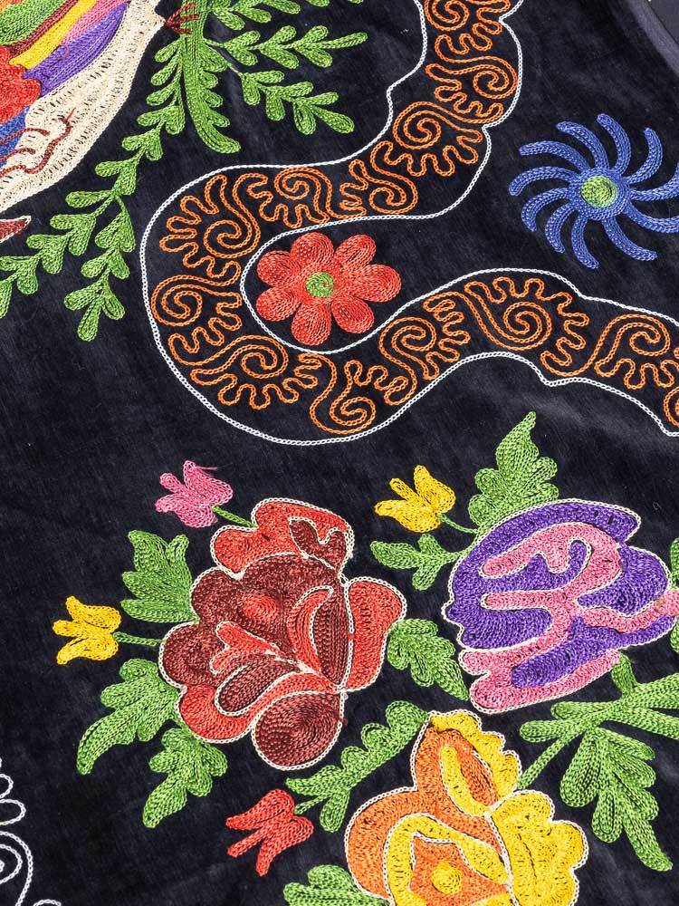 SUZ903 Long Black Velvet Vintage Uzbek Bird Suzani Pelmet Textile 53x378cm (1.9 x 12.5ft)